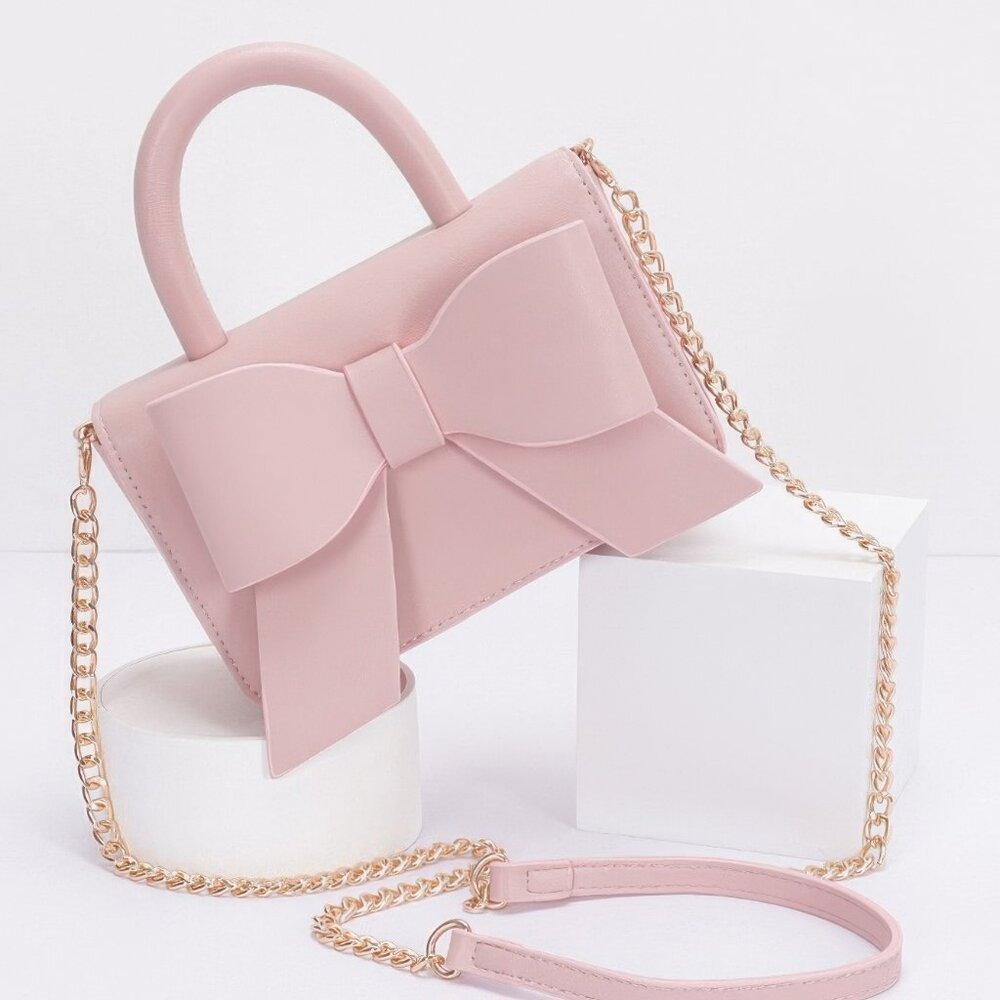 Faux Leather Ribbon Top Handle Bag